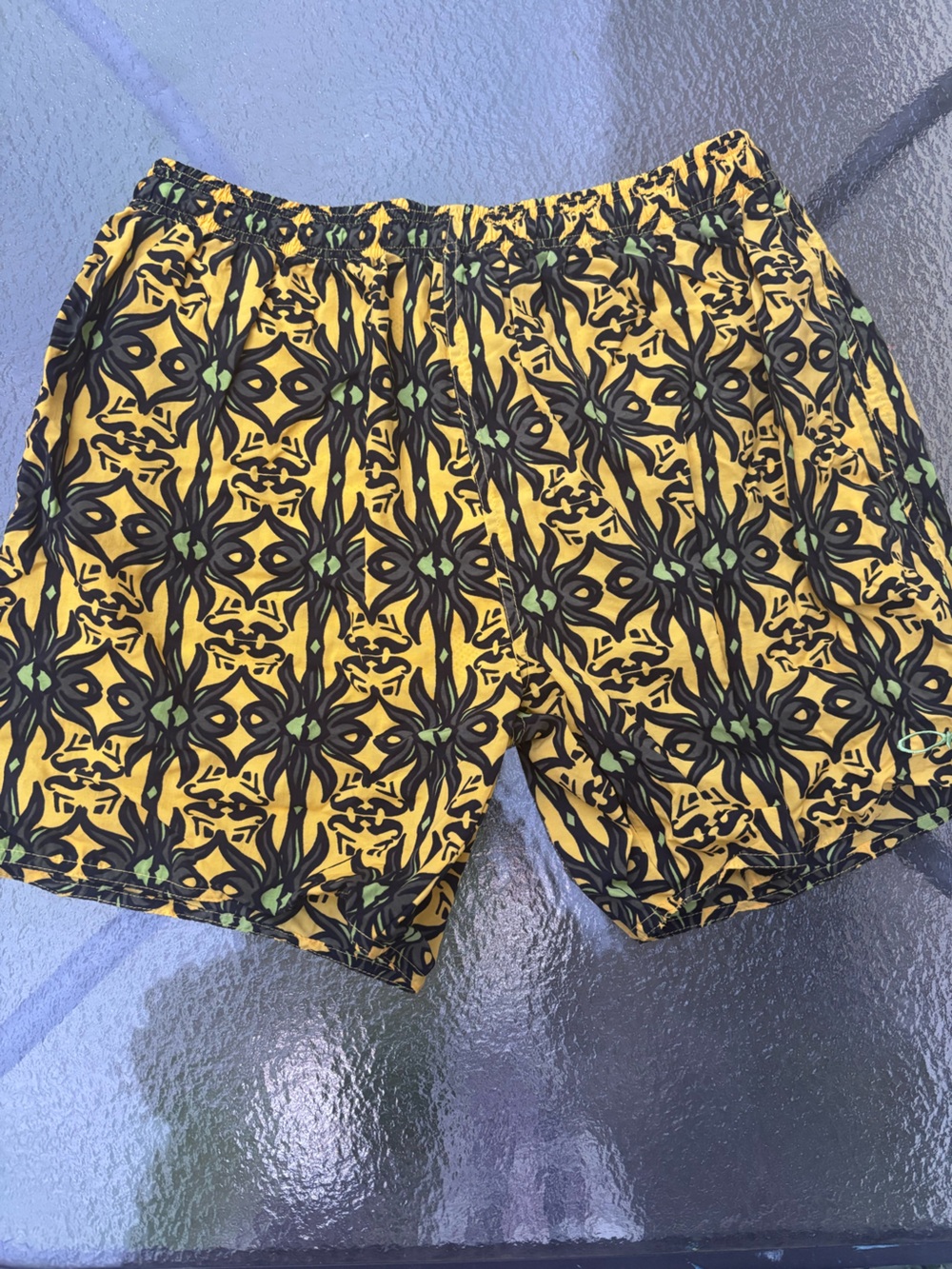 OP Men’s Yellow Floral Swim Trunks with Black and Green Pattern